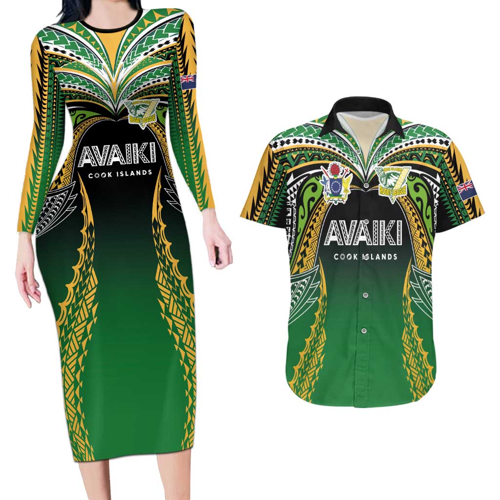 Custom Cook Islands Rugby League Couples Matching Long Sleeve Bodycon Dress and Hawaiian Shirt Avaiki Tatau Tribal Motifs Black Color - Aussie Hoodie