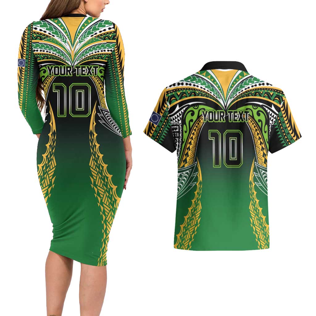 Custom Cook Islands Rugby League Couples Matching Long Sleeve Bodycon Dress and Hawaiian Shirt Avaiki Tatau Tribal Motifs Black Color - Aussie Hoodie