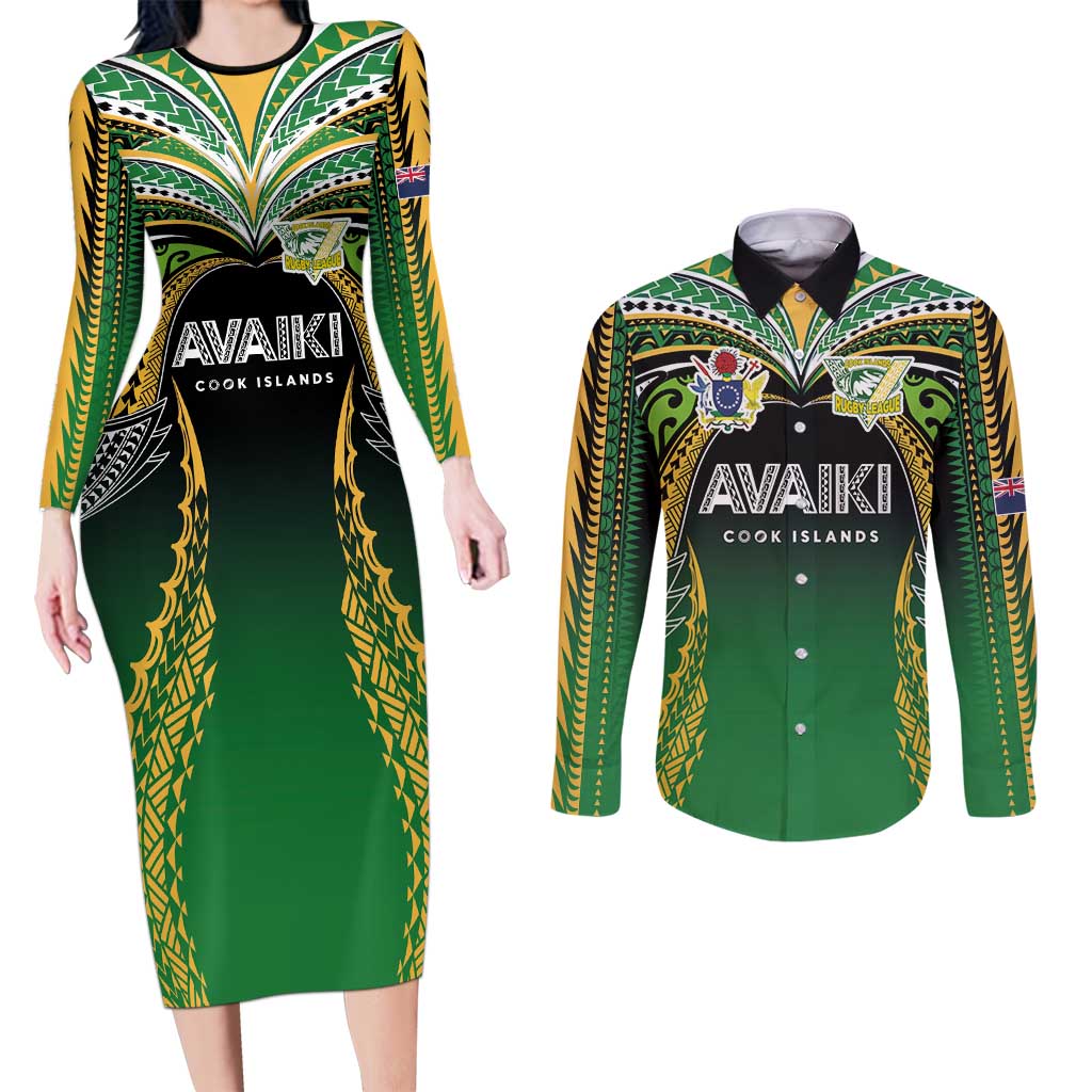 Custom Cook Islands Rugby League Couples Matching Long Sleeve Bodycon Dress and Long Sleeve Button Shirt Avaiki Tatau Tribal Motifs Black Color - Aussie Hoodie