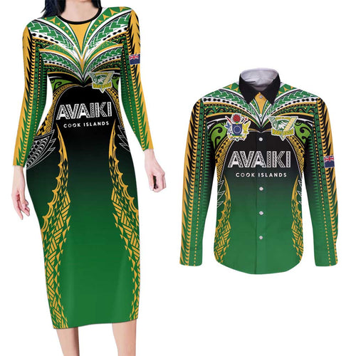 Custom Cook Islands Rugby League Couples Matching Long Sleeve Bodycon Dress and Long Sleeve Button Shirt Avaiki Tatau Tribal Motifs Black Color - Aussie Hoodie