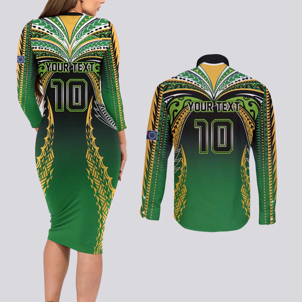 Custom Cook Islands Rugby League Couples Matching Long Sleeve Bodycon Dress and Long Sleeve Button Shirt Avaiki Tatau Tribal Motifs Black Color - Aussie Hoodie