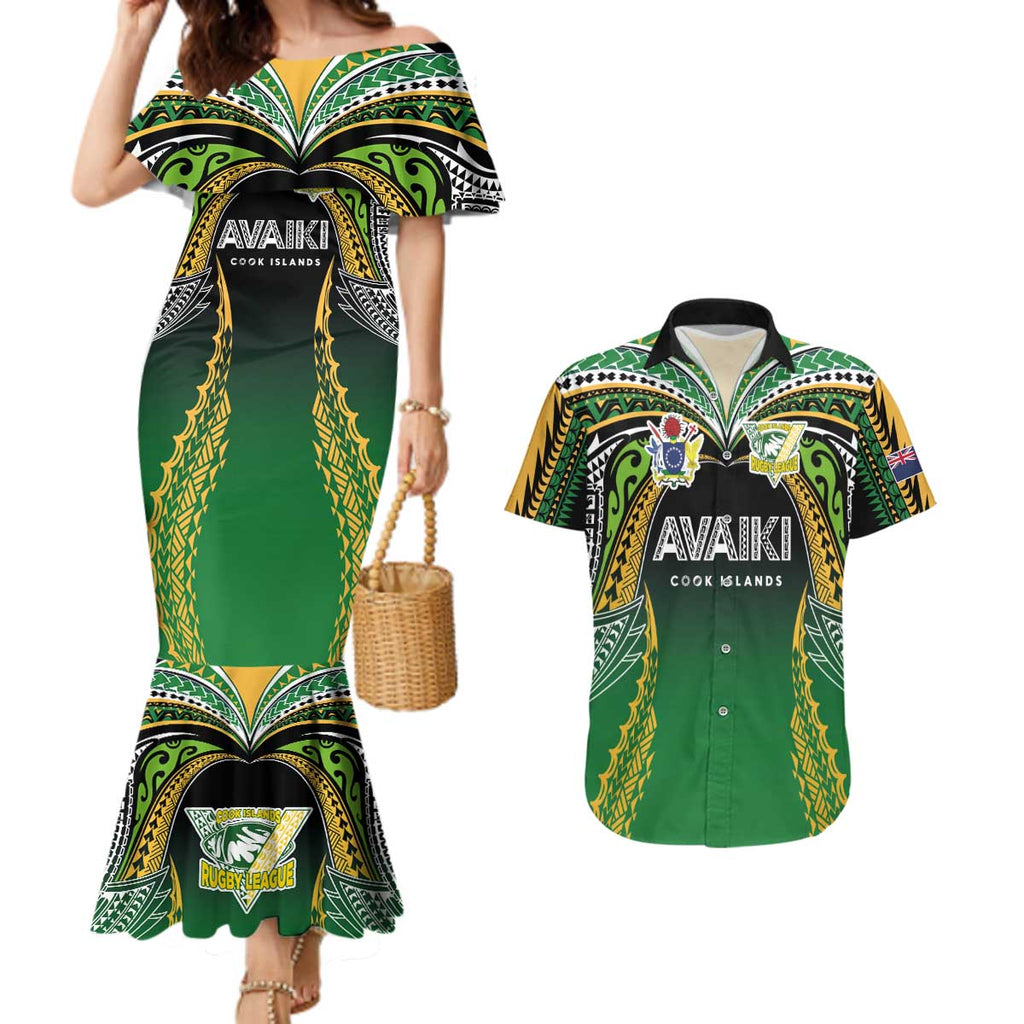 Custom Cook Islands Rugby League Couples Matching Mermaid Dress and Hawaiian Shirt Avaiki Tatau Tribal Motifs Black Color - Aussie Hoodie