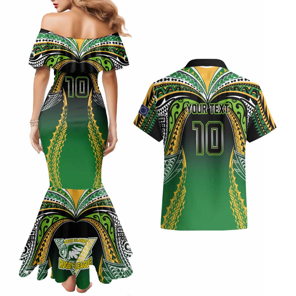 Custom Cook Islands Rugby League Couples Matching Mermaid Dress and Hawaiian Shirt Avaiki Tatau Tribal Motifs Black Color - Aussie Hoodie