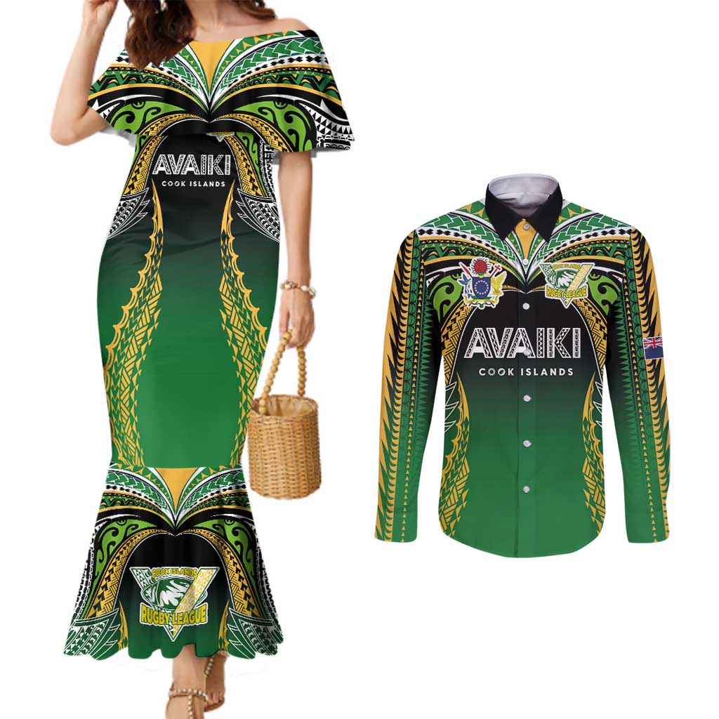 Custom Cook Islands Rugby League Couples Matching Mermaid Dress and Long Sleeve Button Shirt Avaiki Tatau Tribal Motifs Black Color - Aussie Hoodie