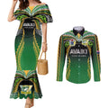 Custom Cook Islands Rugby League Couples Matching Mermaid Dress and Long Sleeve Button Shirt Avaiki Tatau Tribal Motifs Black Color - Aussie Hoodie