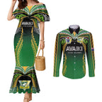 Custom Cook Islands Rugby League Couples Matching Mermaid Dress and Long Sleeve Button Shirt Avaiki Tatau Tribal Motifs Black Color - Aussie Hoodie