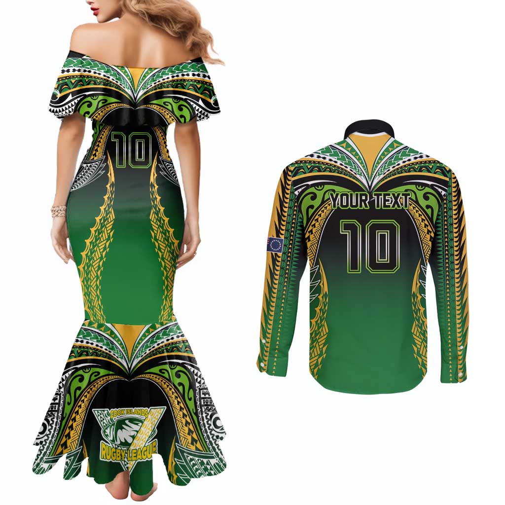 Custom Cook Islands Rugby League Couples Matching Mermaid Dress and Long Sleeve Button Shirt Avaiki Tatau Tribal Motifs Black Color - Aussie Hoodie