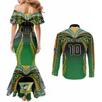 Custom Cook Islands Rugby League Couples Matching Mermaid Dress and Long Sleeve Button Shirt Avaiki Tatau Tribal Motifs Black Color - Aussie Hoodie
