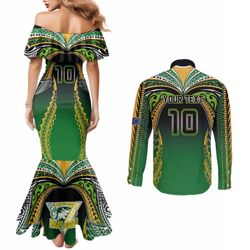 Custom Cook Islands Rugby League Couples Matching Mermaid Dress and Long Sleeve Button Shirt Avaiki Tatau Tribal Motifs Black Color - Aussie Hoodie