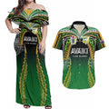 Custom Cook Islands Rugby League Couples Matching Off Shoulder Maxi Dress and Hawaiian Shirt Avaiki Tatau Tribal Motifs Black Color - Aussie Hoodie