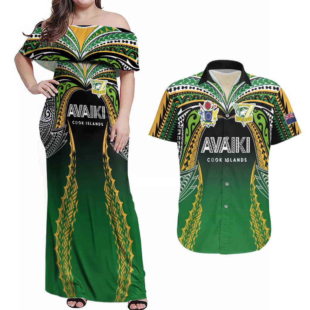 Custom Cook Islands Rugby League Couples Matching Off Shoulder Maxi Dress and Hawaiian Shirt Avaiki Tatau Tribal Motifs Black Color - Aussie Hoodie