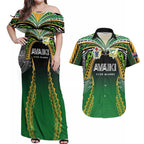 Custom Cook Islands Rugby League Couples Matching Off Shoulder Maxi Dress and Hawaiian Shirt Avaiki Tatau Tribal Motifs Black Color - Aussie Hoodie