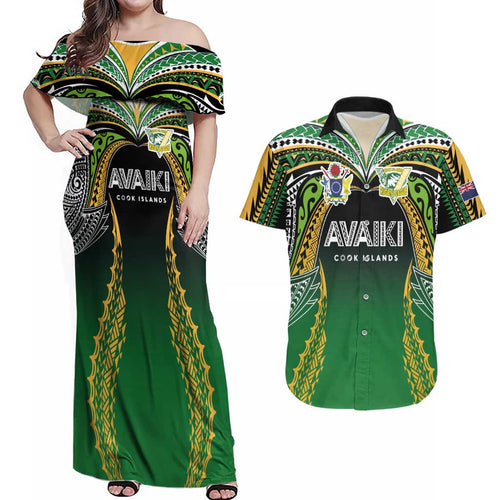 Custom Cook Islands Rugby League Couples Matching Off Shoulder Maxi Dress and Hawaiian Shirt Avaiki Tatau Tribal Motifs Black Color - Aussie Hoodie
