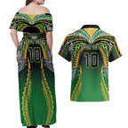 Custom Cook Islands Rugby League Couples Matching Off Shoulder Maxi Dress and Hawaiian Shirt Avaiki Tatau Tribal Motifs Black Color - Aussie Hoodie