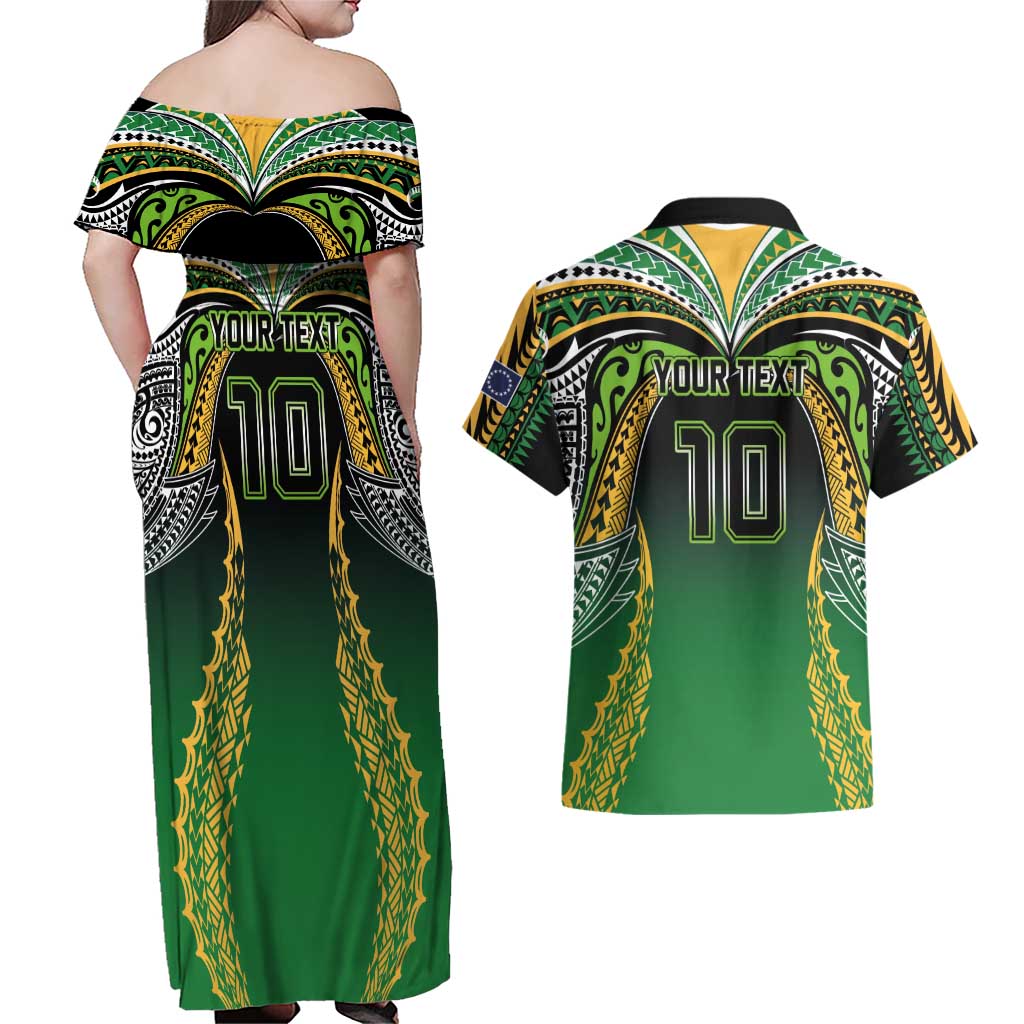 Custom Cook Islands Rugby League Couples Matching Off Shoulder Maxi Dress and Hawaiian Shirt Avaiki Tatau Tribal Motifs Black Color - Aussie Hoodie