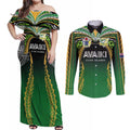 Custom Cook Islands Rugby League Couples Matching Off Shoulder Maxi Dress and Long Sleeve Button Shirt Avaiki Tatau Tribal Motifs Black Color - Aussie Hoodie