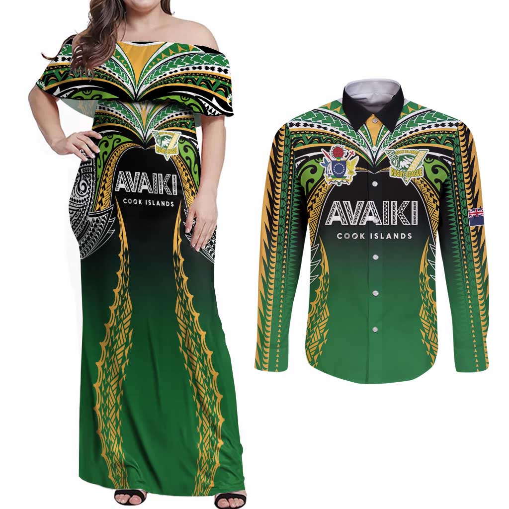 Custom Cook Islands Rugby League Couples Matching Off Shoulder Maxi Dress and Long Sleeve Button Shirt Avaiki Tatau Tribal Motifs Black Color - Aussie Hoodie