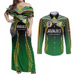 Custom Cook Islands Rugby League Couples Matching Off Shoulder Maxi Dress and Long Sleeve Button Shirt Avaiki Tatau Tribal Motifs Black Color - Aussie Hoodie