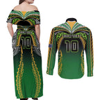 Custom Cook Islands Rugby League Couples Matching Off Shoulder Maxi Dress and Long Sleeve Button Shirt Avaiki Tatau Tribal Motifs Black Color - Aussie Hoodie
