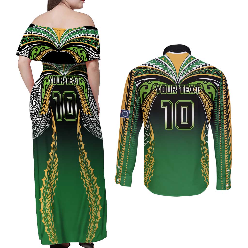 Custom Cook Islands Rugby League Couples Matching Off Shoulder Maxi Dress and Long Sleeve Button Shirt Avaiki Tatau Tribal Motifs Black Color - Aussie Hoodie
