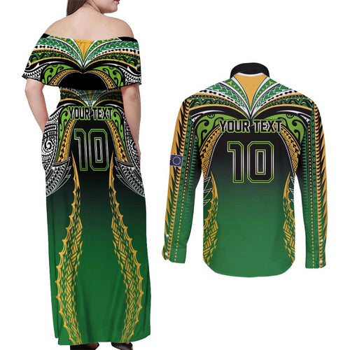 Custom Cook Islands Rugby League Couples Matching Off Shoulder Maxi Dress and Long Sleeve Button Shirt Avaiki Tatau Tribal Motifs Black Color - Aussie Hoodie