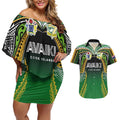 Custom Cook Islands Rugby League Couples Matching Off Shoulder Short Dress and Hawaiian Shirt Avaiki Tatau Tribal Motifs Black Color - Aussie Hoodie