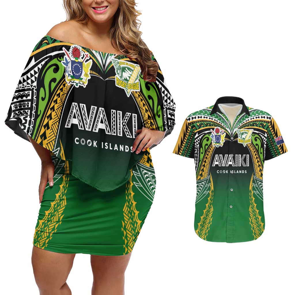 Custom Cook Islands Rugby League Couples Matching Off Shoulder Short Dress and Hawaiian Shirt Avaiki Tatau Tribal Motifs Black Color - Aussie Hoodie