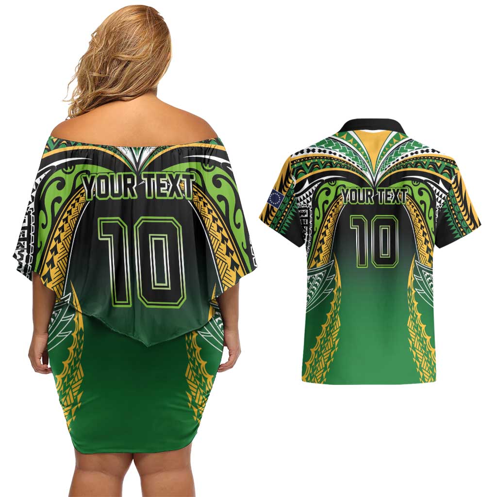 Custom Cook Islands Rugby League Couples Matching Off Shoulder Short Dress and Hawaiian Shirt Avaiki Tatau Tribal Motifs Black Color - Aussie Hoodie