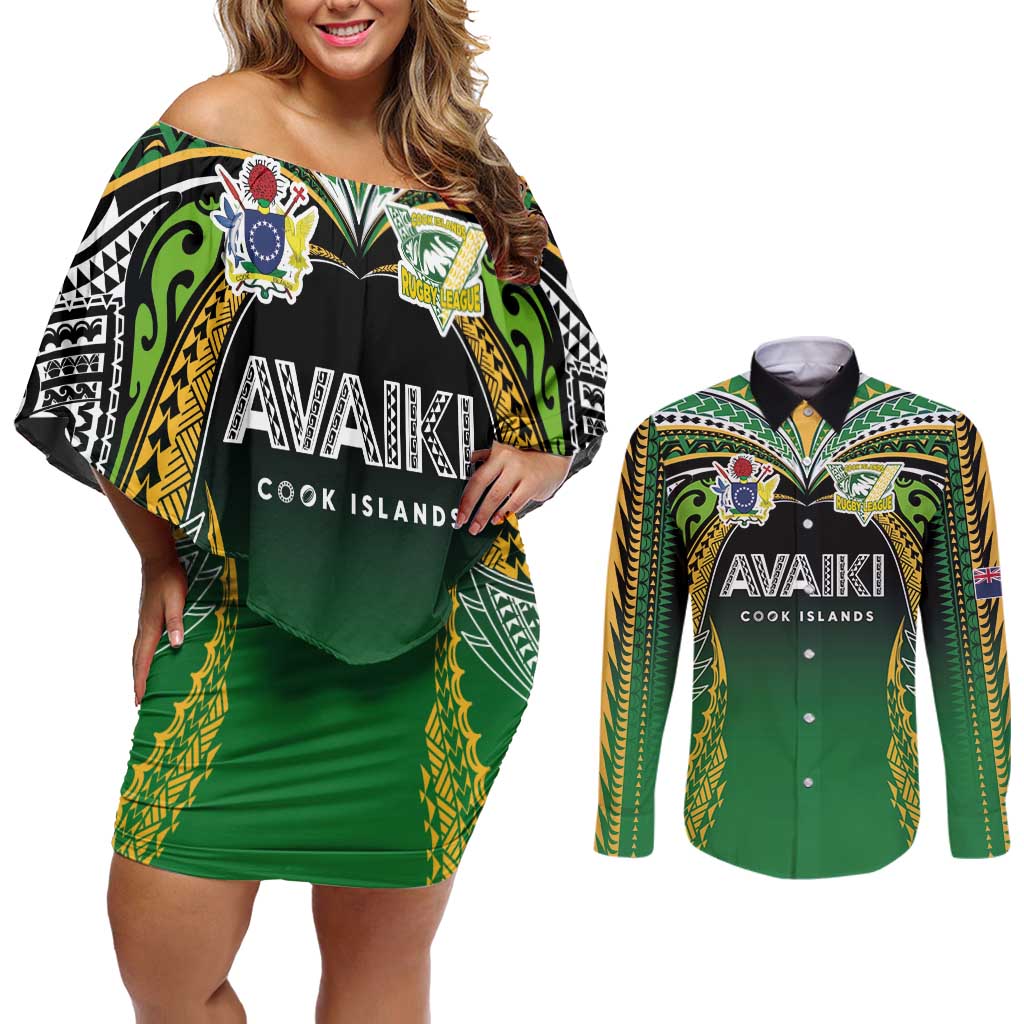 Custom Cook Islands Rugby League Couples Matching Off Shoulder Short Dress and Long Sleeve Button Shirt Avaiki Tatau Tribal Motifs Black Color - Aussie Hoodie