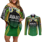 Custom Cook Islands Rugby League Couples Matching Off Shoulder Short Dress and Long Sleeve Button Shirt Avaiki Tatau Tribal Motifs Black Color - Aussie Hoodie