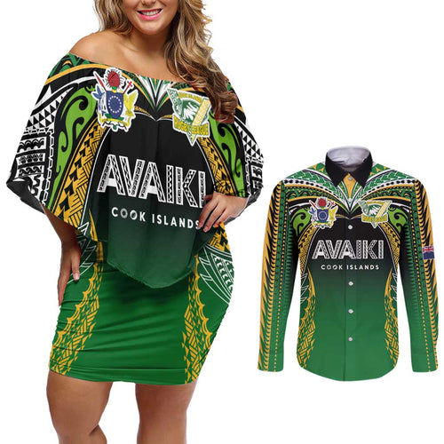 Custom Cook Islands Rugby League Couples Matching Off Shoulder Short Dress and Long Sleeve Button Shirt Avaiki Tatau Tribal Motifs Black Color - Aussie Hoodie