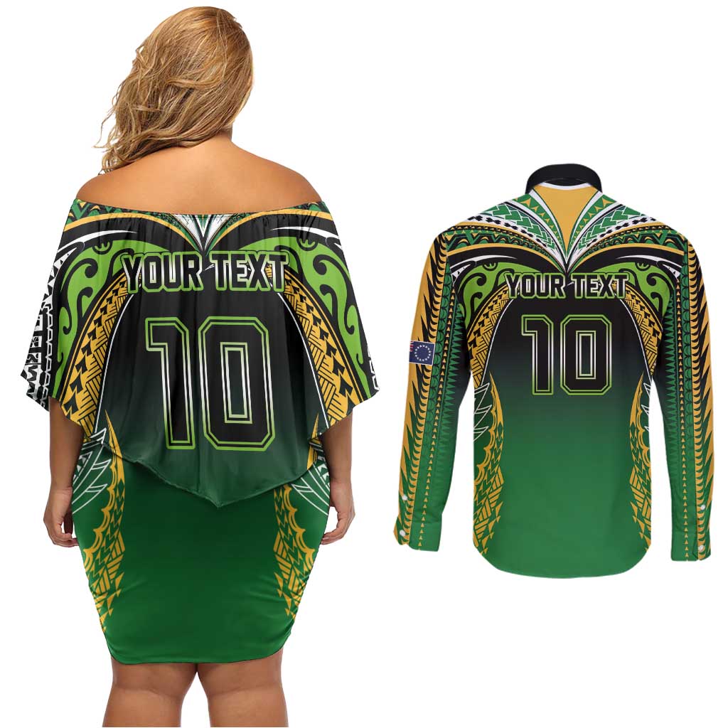 Custom Cook Islands Rugby League Couples Matching Off Shoulder Short Dress and Long Sleeve Button Shirt Avaiki Tatau Tribal Motifs Black Color - Aussie Hoodie