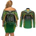 Custom Cook Islands Rugby League Couples Matching Off Shoulder Short Dress and Long Sleeve Button Shirt Avaiki Tatau Tribal Motifs Black Color - Aussie Hoodie