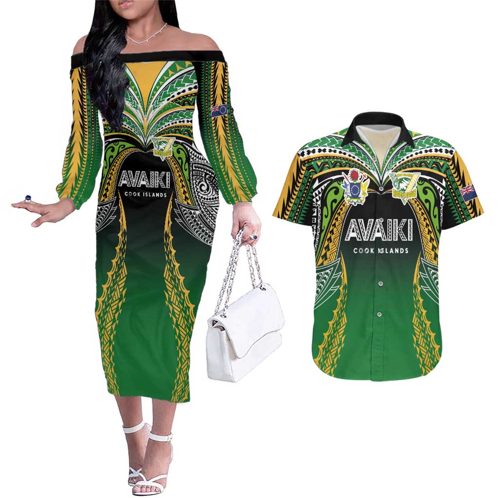 Custom Cook Islands Rugby League Couples Matching Off The Shoulder Long Sleeve Dress and Hawaiian Shirt Avaiki Tatau Tribal Motifs Black Color - Aussie Hoodie