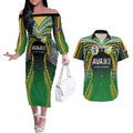 Custom Cook Islands Rugby League Couples Matching Off The Shoulder Long Sleeve Dress and Hawaiian Shirt Avaiki Tatau Tribal Motifs Black Color - Aussie Hoodie