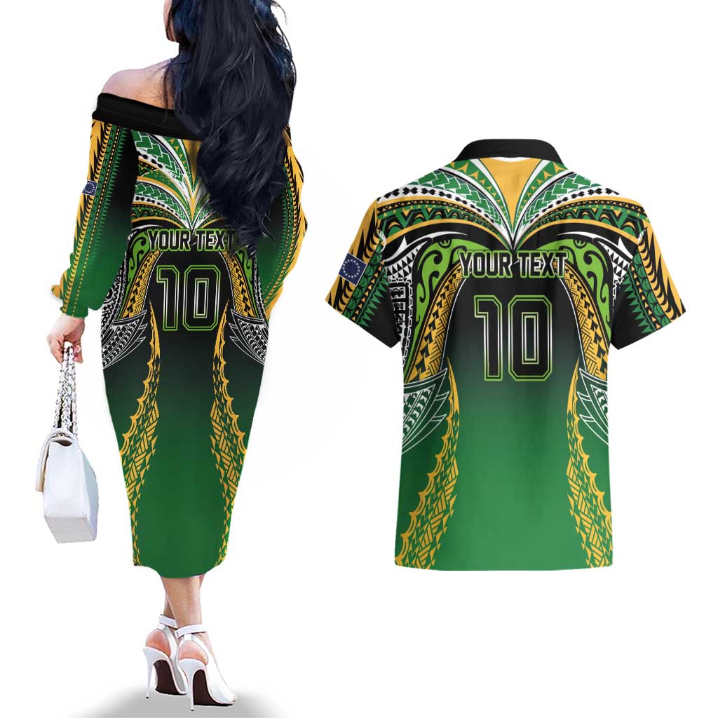 Custom Cook Islands Rugby League Couples Matching Off The Shoulder Long Sleeve Dress and Hawaiian Shirt Avaiki Tatau Tribal Motifs Black Color - Aussie Hoodie