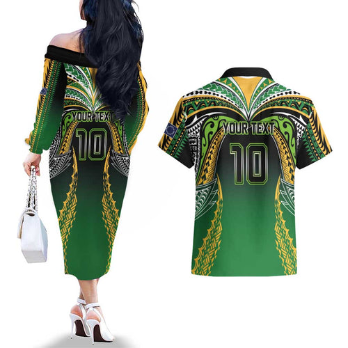 Custom Cook Islands Rugby League Couples Matching Off The Shoulder Long Sleeve Dress and Hawaiian Shirt Avaiki Tatau Tribal Motifs Black Color - Aussie Hoodie