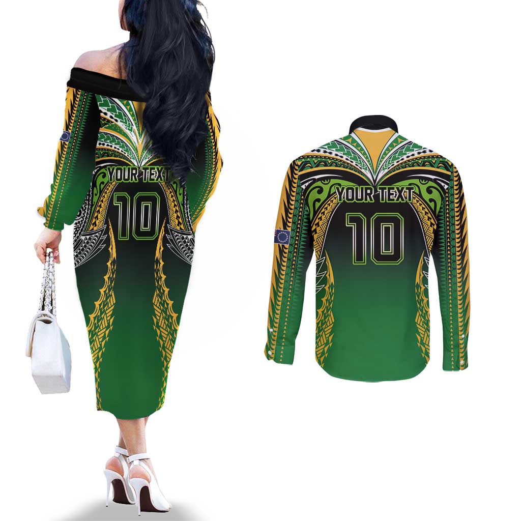 Custom Cook Islands Rugby League Couples Matching Off The Shoulder Long Sleeve Dress and Long Sleeve Button Shirt Avaiki Tatau Tribal Motifs Black Color - Aussie Hoodie