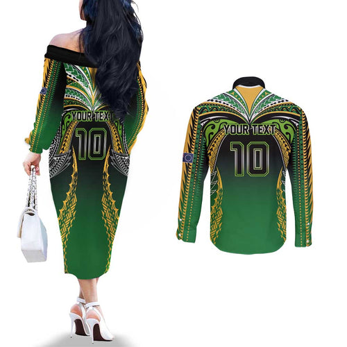 Custom Cook Islands Rugby League Couples Matching Off The Shoulder Long Sleeve Dress and Long Sleeve Button Shirt Avaiki Tatau Tribal Motifs Black Color - Aussie Hoodie