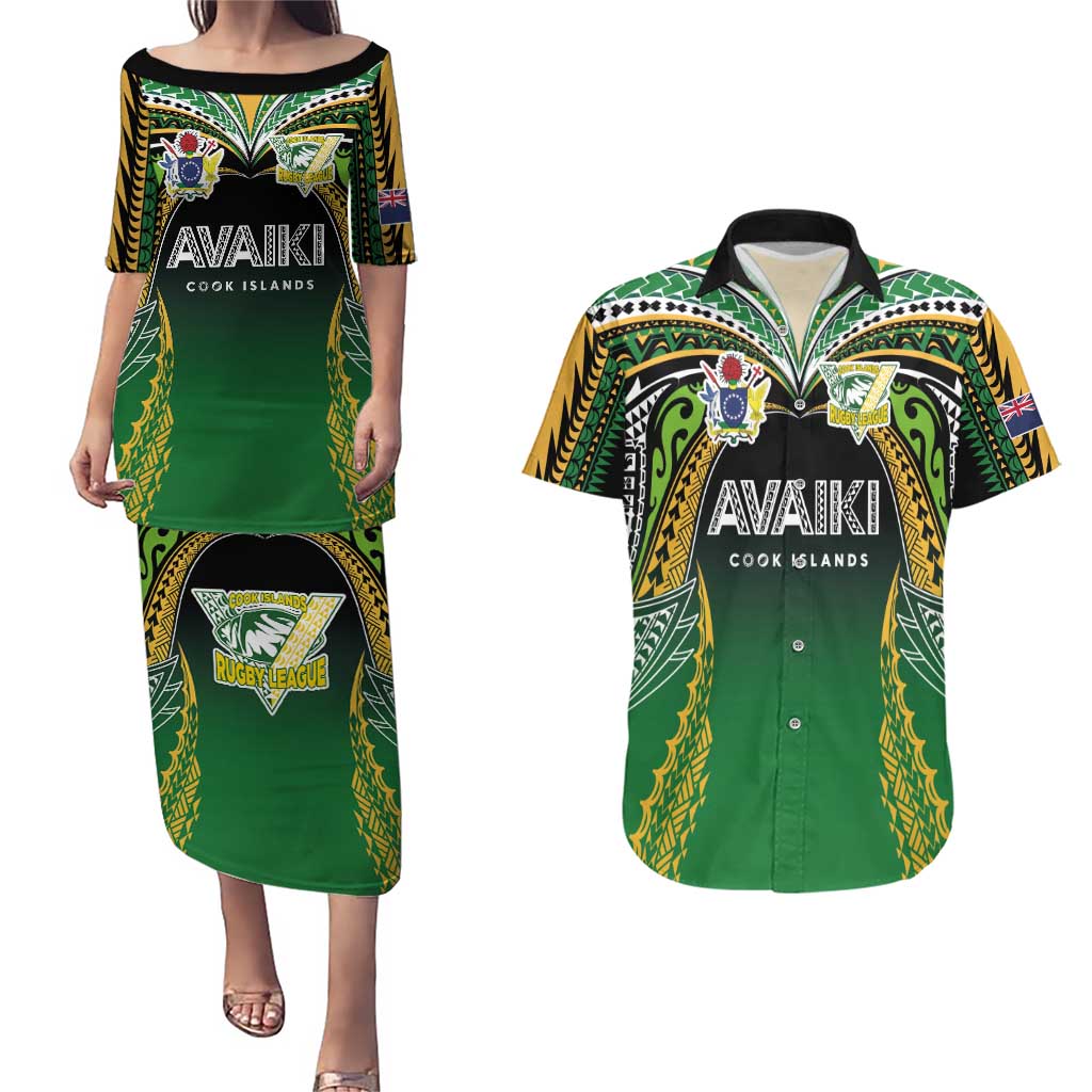 Custom Cook Islands Rugby League Couples Matching Puletasi and Hawaiian Shirt Avaiki Tatau Tribal Motifs Black Color - Aussie Hoodie