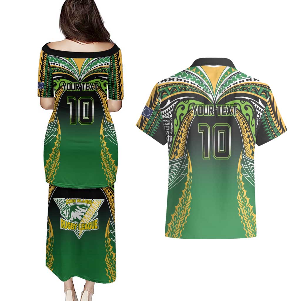 Custom Cook Islands Rugby League Couples Matching Puletasi and Hawaiian Shirt Avaiki Tatau Tribal Motifs Black Color - Aussie Hoodie