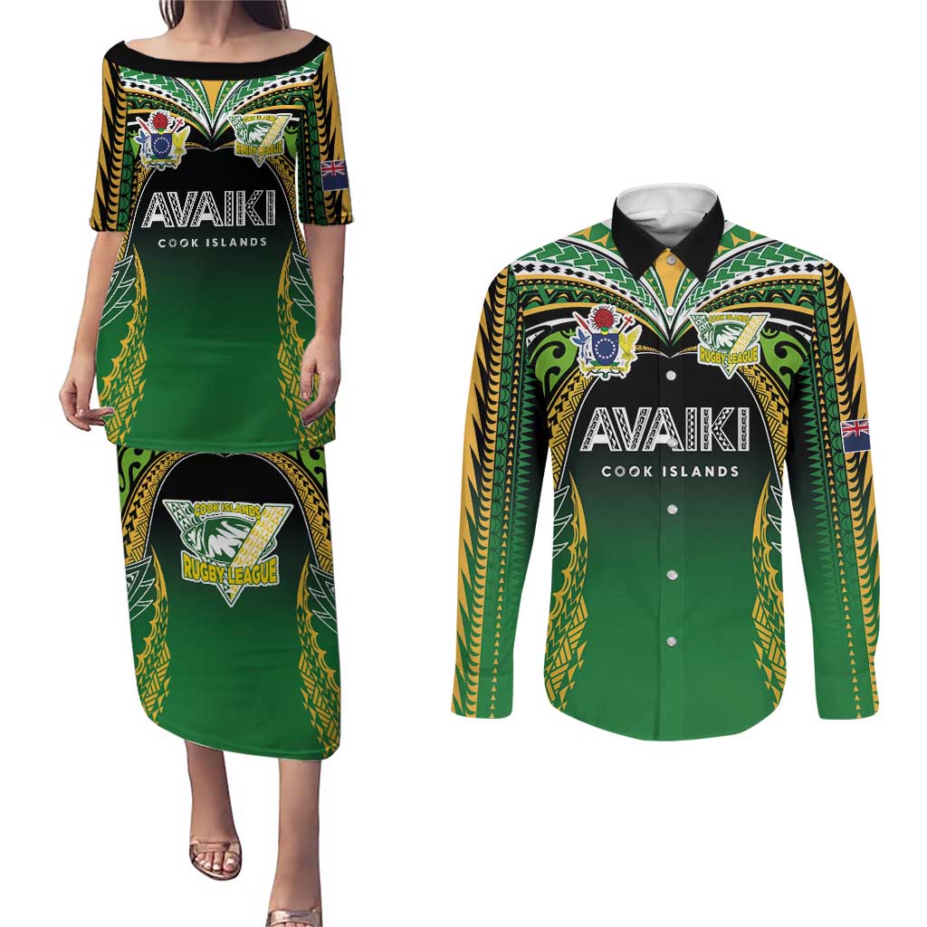 Custom Cook Islands Rugby League Couples Matching Puletasi and Long Sleeve Button Shirt Avaiki Tatau Tribal Motifs Black Color - Aussie Hoodie