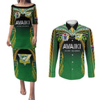 Custom Cook Islands Rugby League Couples Matching Puletasi and Long Sleeve Button Shirt Avaiki Tatau Tribal Motifs Black Color - Aussie Hoodie