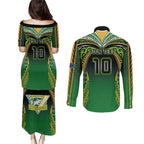 Custom Cook Islands Rugby League Couples Matching Puletasi and Long Sleeve Button Shirt Avaiki Tatau Tribal Motifs Black Color - Aussie Hoodie