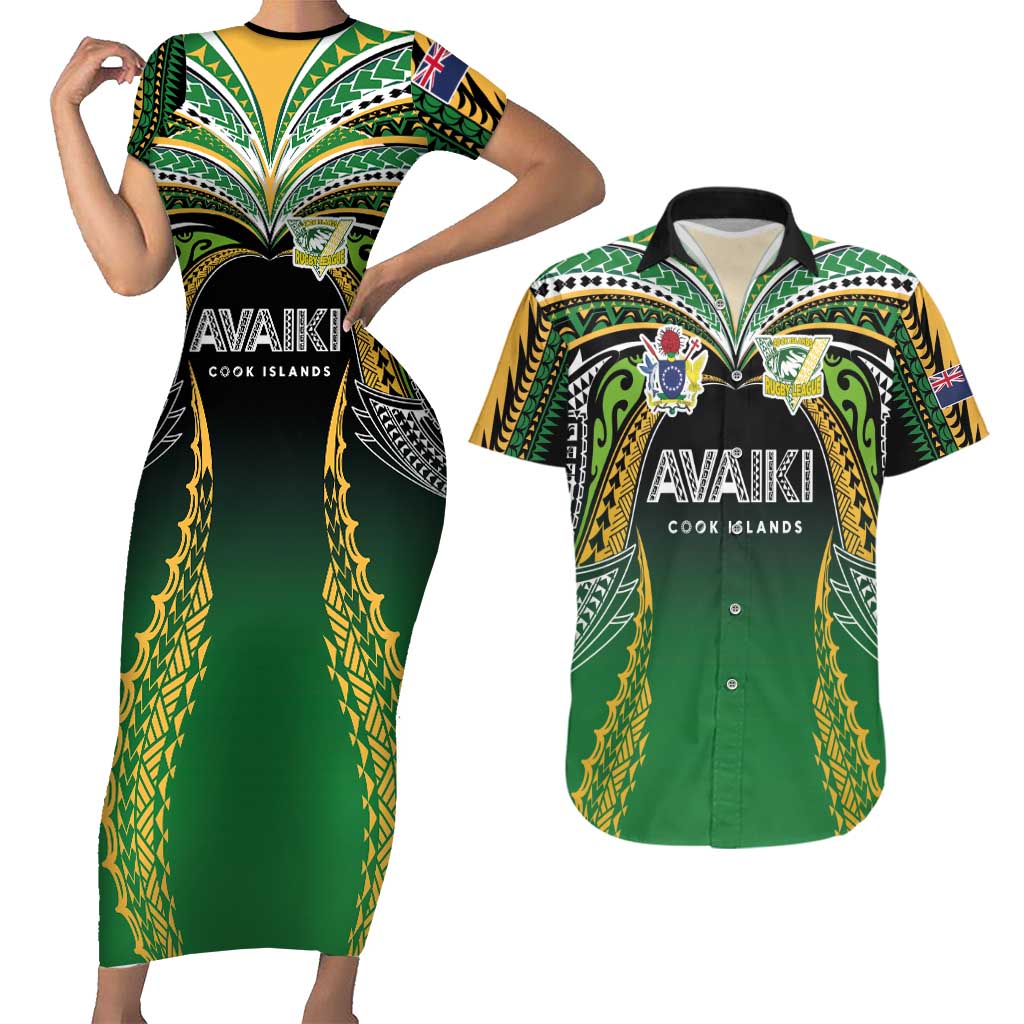 Custom Cook Islands Rugby League Couples Matching Short Sleeve Bodycon Dress and Hawaiian Shirt Avaiki Tatau Tribal Motifs Black Color - Aussie Hoodie