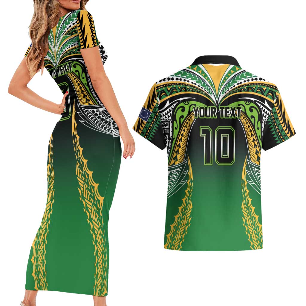 Custom Cook Islands Rugby League Couples Matching Short Sleeve Bodycon Dress and Hawaiian Shirt Avaiki Tatau Tribal Motifs Black Color - Aussie Hoodie