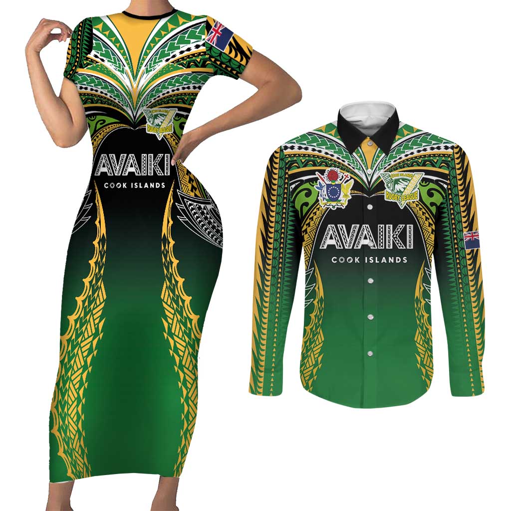 Custom Cook Islands Rugby League Couples Matching Short Sleeve Bodycon Dress and Long Sleeve Button Shirt Avaiki Tatau Tribal Motifs Black Color - Aussie Hoodie