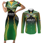 Custom Cook Islands Rugby League Couples Matching Short Sleeve Bodycon Dress and Long Sleeve Button Shirt Avaiki Tatau Tribal Motifs Black Color - Aussie Hoodie