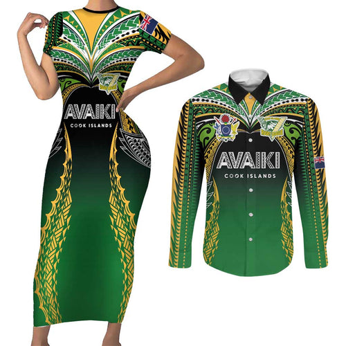 Custom Cook Islands Rugby League Couples Matching Short Sleeve Bodycon Dress and Long Sleeve Button Shirt Avaiki Tatau Tribal Motifs Black Color - Aussie Hoodie