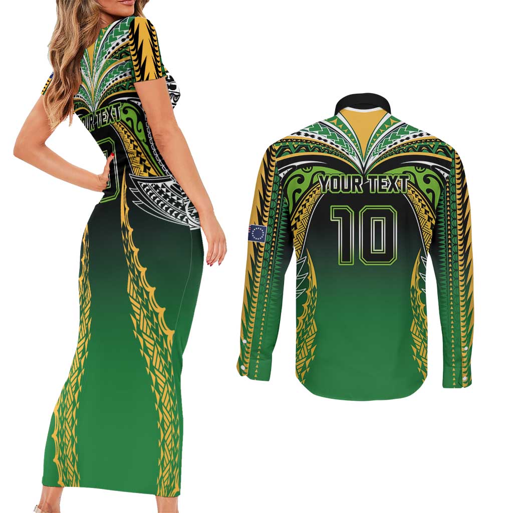 Custom Cook Islands Rugby League Couples Matching Short Sleeve Bodycon Dress and Long Sleeve Button Shirt Avaiki Tatau Tribal Motifs Black Color - Aussie Hoodie